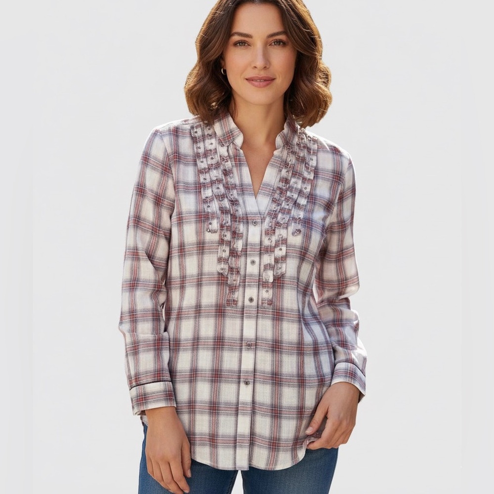 Hazel New Size L Plaid Shirt Ruffles Button Long Sleeve Cotton White Red Black